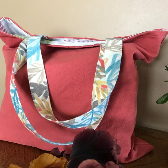 Handmade Women's Coral Canvas Tote Bag, Market Tote Bag, Beach Tote Bag - Picture 2 of 9